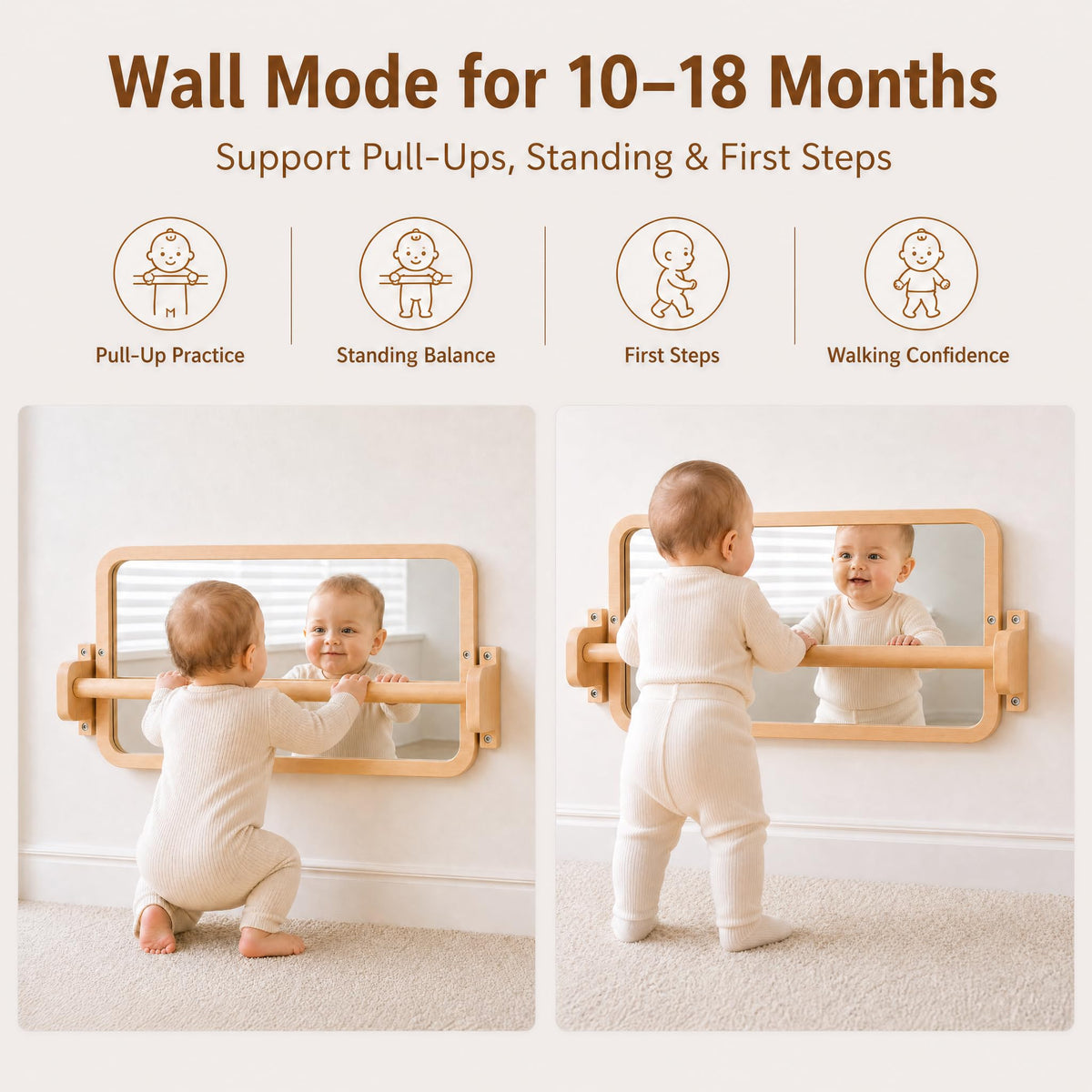 Woodtoe Montessori Mirror with Bar, Adjustable Tummy Time Floor Mirror, Baby Pull to Stand Toys, Natural Unpainted Solid Wood Frame, Baby Pull Up Bar, Developmental Toys for Nursery (Small Size)