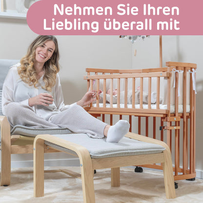 babybay Maxi Extra Large Side Bed Made of Solid Beech Wood/Children's Bed Height Fully Adjustable & Environmentally Friendly/with Mattress, Grid, Wheels (Natural Varnish)
