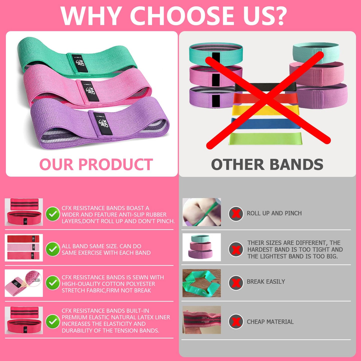 CFX Resistance Bands 3 Sets, Premium Exercise Bands with Non-Slip Design for Hips & Glutes, 3 Resistance Level Workout Booty Bands for Women and Men,Home Training,Fitness,Yoga