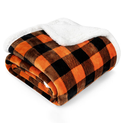 PAVILIA Black Orange Buffalo Plaid Sherpa Throw Blanket for Couch Twin, Soft Fuzzy Flannel Blanket for Bed, Plush Halloween Checkered Fleece Blanket and Throws, Warm Thick Winter Blanket Gift, 60x80