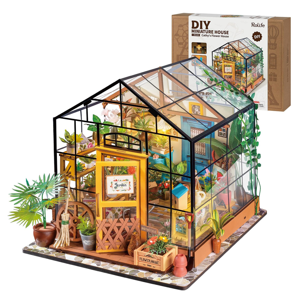 Rolife DIY Miniature House Kit, Cathy's Greenhouse Miniature Dollhouse with LED 1:18 Tiny/Mini House Making Kit Crafts Diorama Gifts Home Decor for Adults