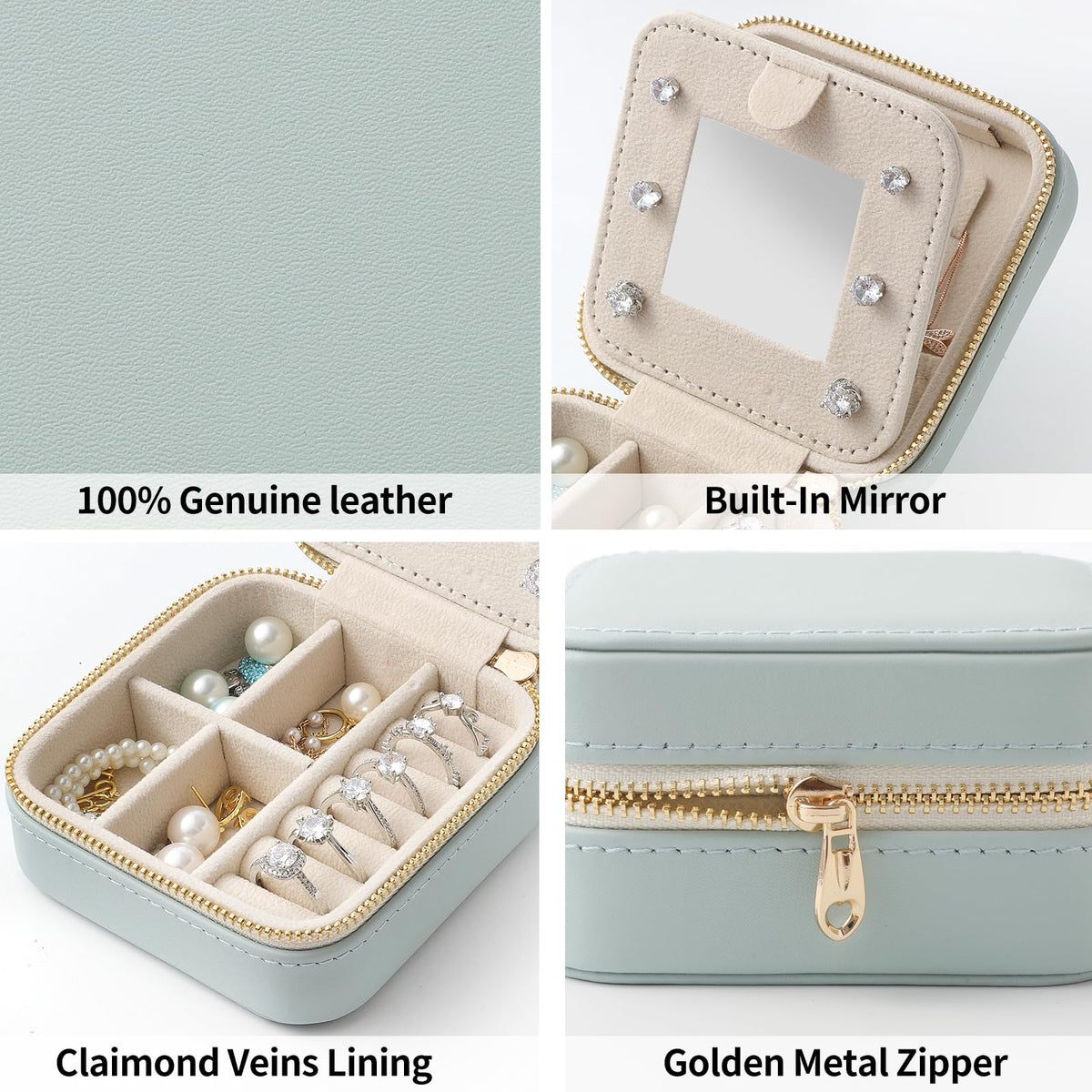 NGVRC Genuine Leather Travel Jewelry Case Organizer with Mirror for Women, Small Jewelry Box Portable Mini Jewelry Case for Earring, Ring, Necklace, Bracelet(Cyan)