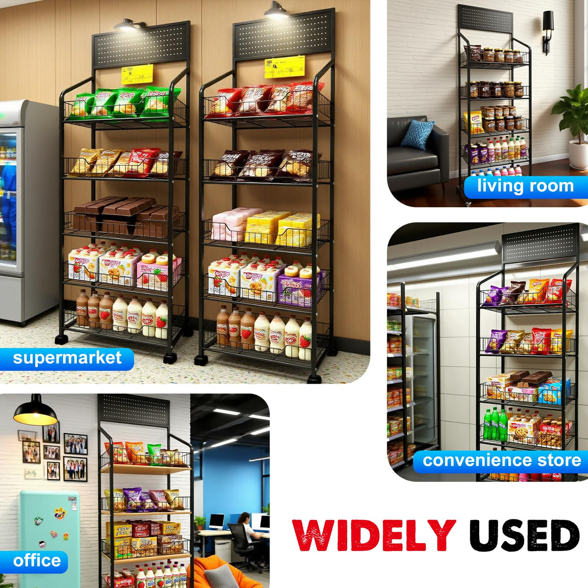 5 Tier Retail Candy Display Rack Metal Storage Shelf with Wheels & 15 Hooks Concession Candy Snack Display Racks Sturdy and Stable Chip Shelf Rack for Stores, Kitchen, Office (Black, 19.7*10.6*65 in)