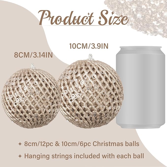 3.15" Christmas Ball Ornaments Glitter Shatterproof Christmas Tree Ornaments Sequin Xmas Hanging Balls Decorations for Wedding Party Holiday(Champagne Gold, 12pc-8cm)