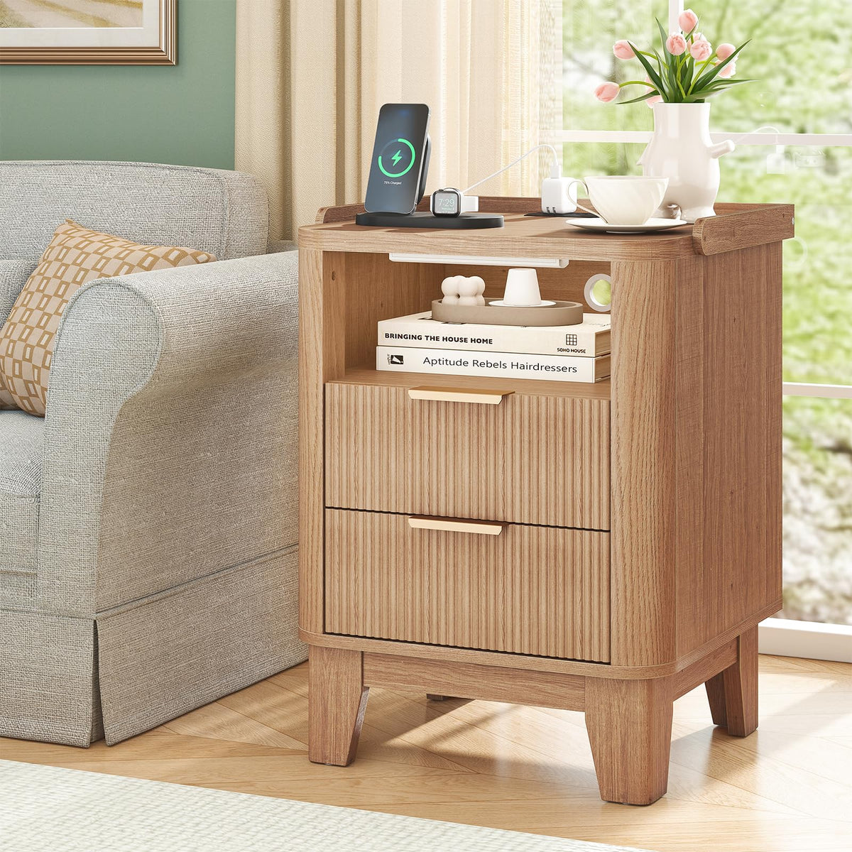 Turosur Night Stand with Charging Station, Fluted NightStand with LED Light and 2 Drawers, Wood Bedside Table with Open Storage, Modern