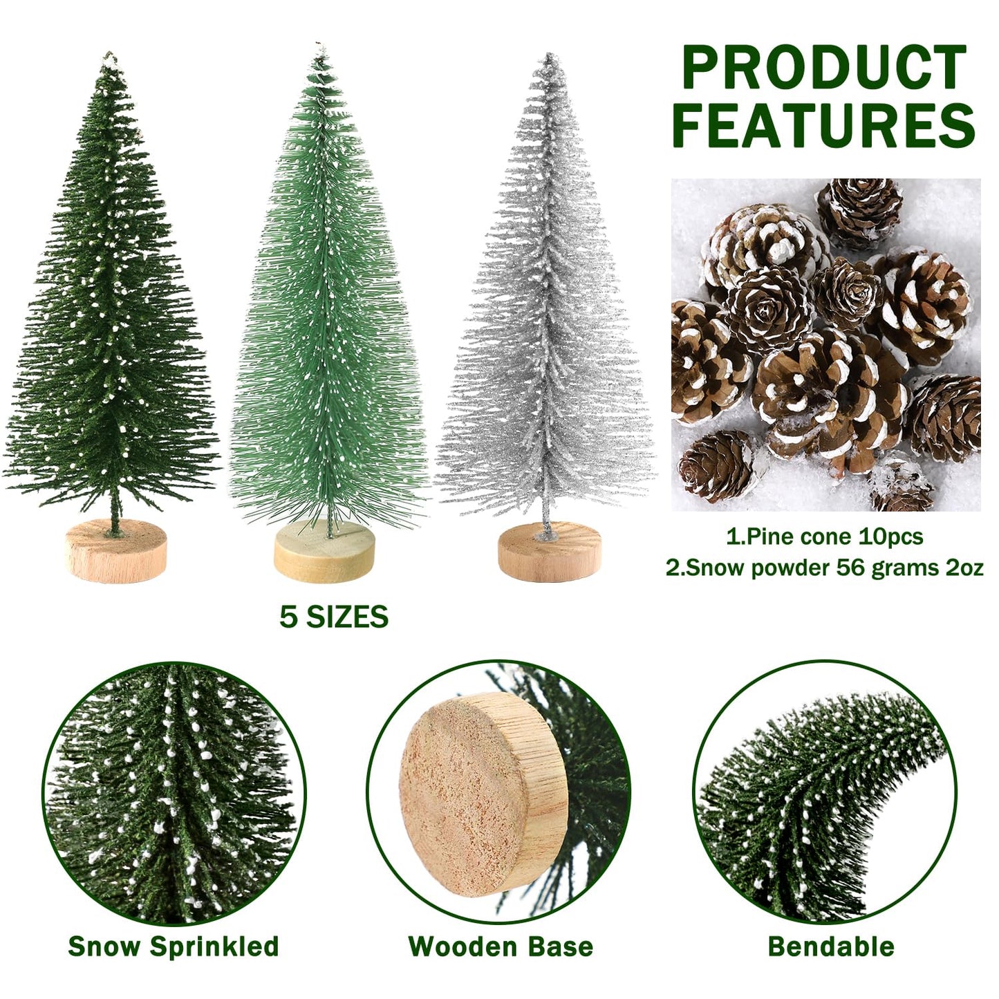 Set of 35PCS Mini Christmas Tree, Christmas Pine Cones, 2oz Fake Snow Powder, Mixed Christmas Decoration, Xmas Village Displays Winter DIY Crafts (Classic Green)