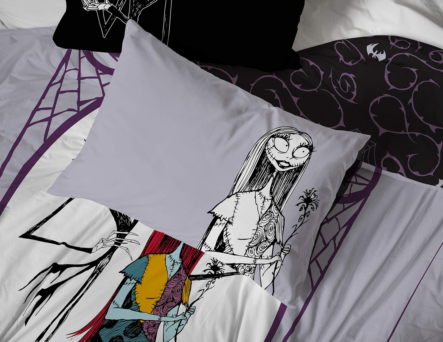Jay Franco Kids Sheet Set with Fitted, Flat Sheets & Pillow Cover - Ultra-Soft Bedding with Pillowcase for Room Decor, White - Nightmare Before Christmas, 4 Piece Queen
