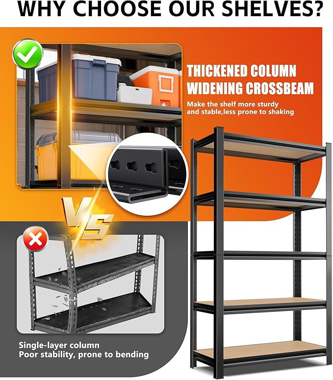 Set of 5 Garage Shelving Heavy Duty Storage Shelves, Metal Adjustable Shelving Unit, Utility Garage Organizer Shelf for Basement, Pantry, Kitchen, Warehouse,15.7" D x 35.4" W x 71.2" H