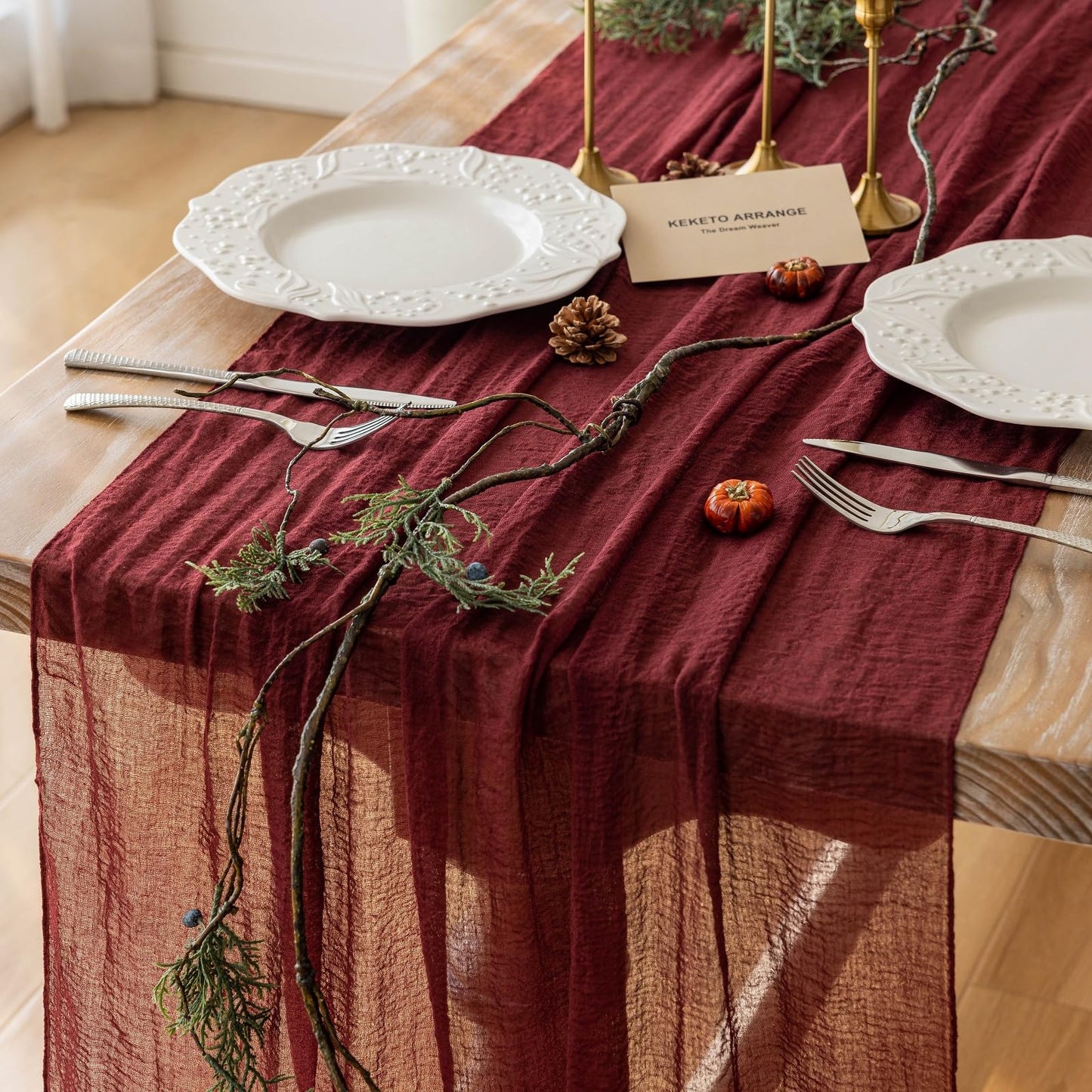 Keketoarrange Burgundy Christmas Table Runner Decor Red Cheesecloth Gauze 120 Inch 10 FT Rustic Boho Cheese Cloth Runner for Wedding Baby Bridal Shower Party Long Sheer Home Christmas Decorations