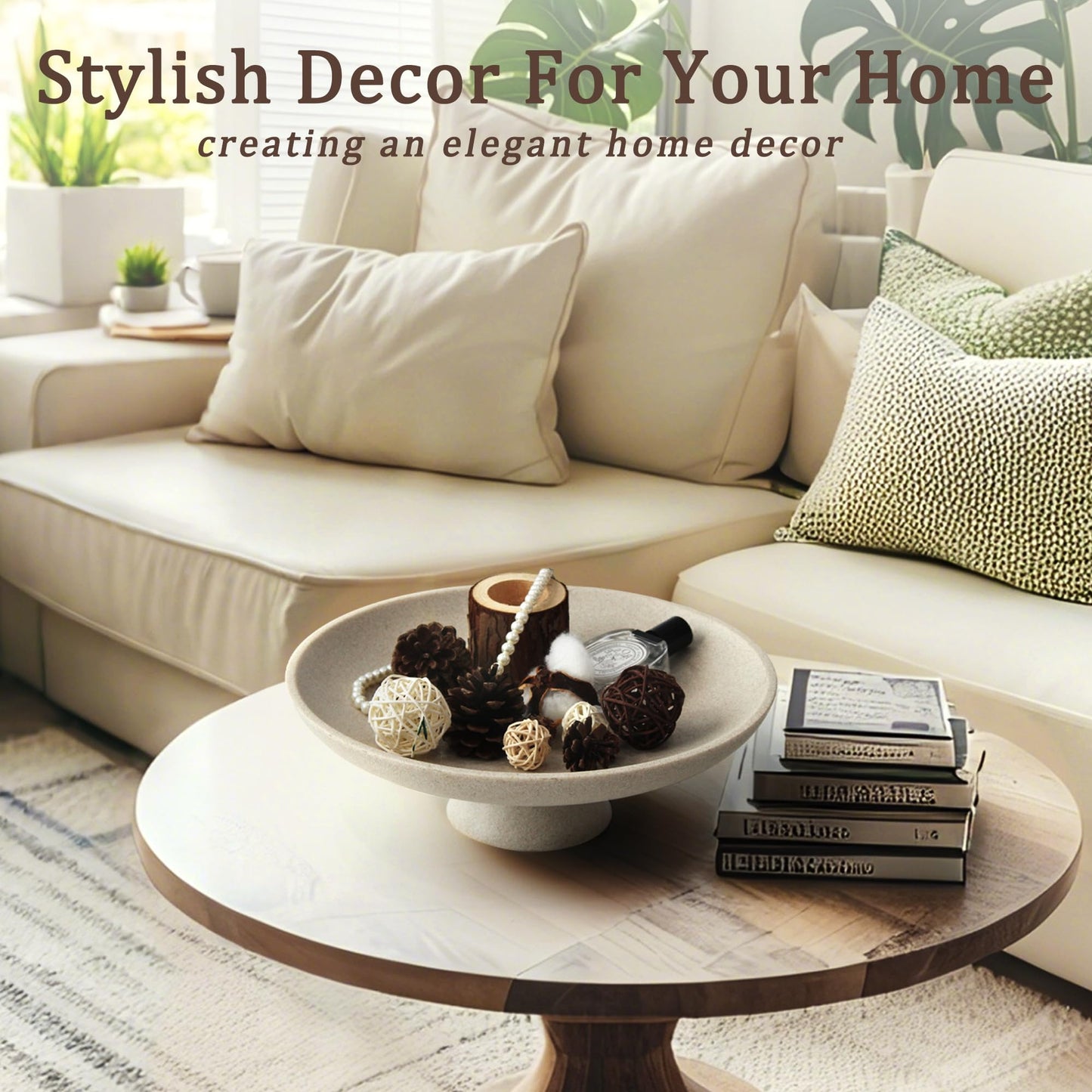 YMXYJM Modern Resin Pedestal Decorative Bowl, Large Fruit Bowl for Kitchen Counter, Stylish Key Bowl for Entryway Table, Beige