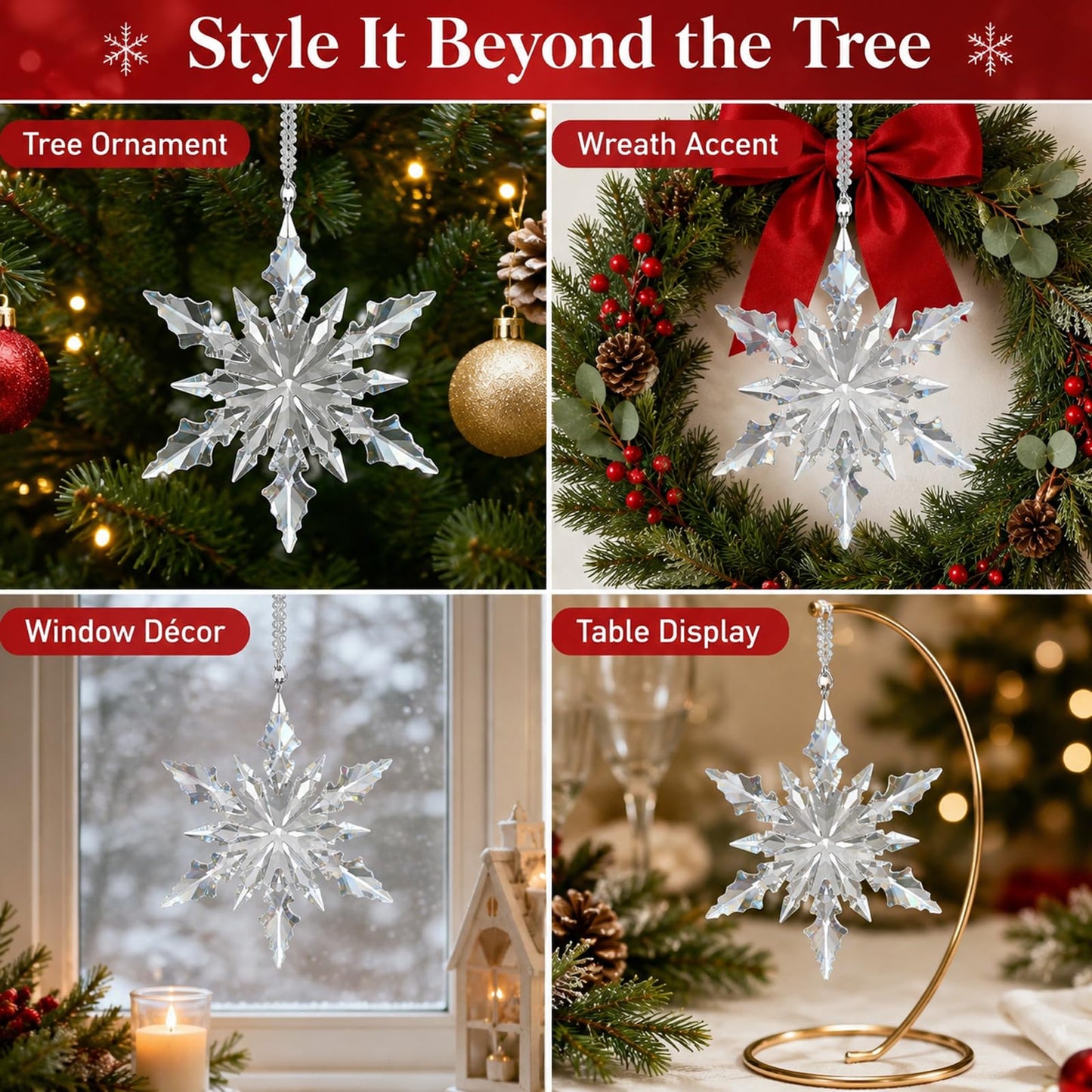 Luxury Crystal Christmas Snowflake Ornaments Christmas Tree Hanging Decorations Gifts for Women Girls Family Friends (Clear)