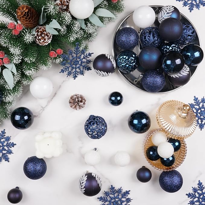 SY CRAFT 86 Pieces of Assorted Shatterproof Christmas Ball Snowflake Ornaments Seasonal Decorative Hanging Ornament Set with Hand-held Gift Package for Xmas Tree Decorations - Dark Blue