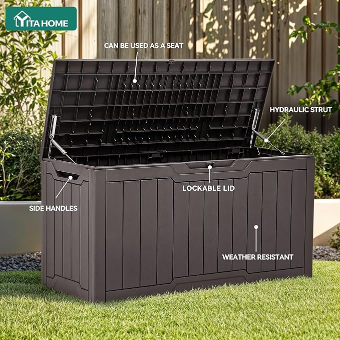 YITAHOME 80 Gallon Outdoor Storage Box, Large Water Resistant Resin Deck Box, Indoor Outdoor Lockable Storage Container for Patio, Garden, Cushions, Tools, Equipment (Dark Brown)