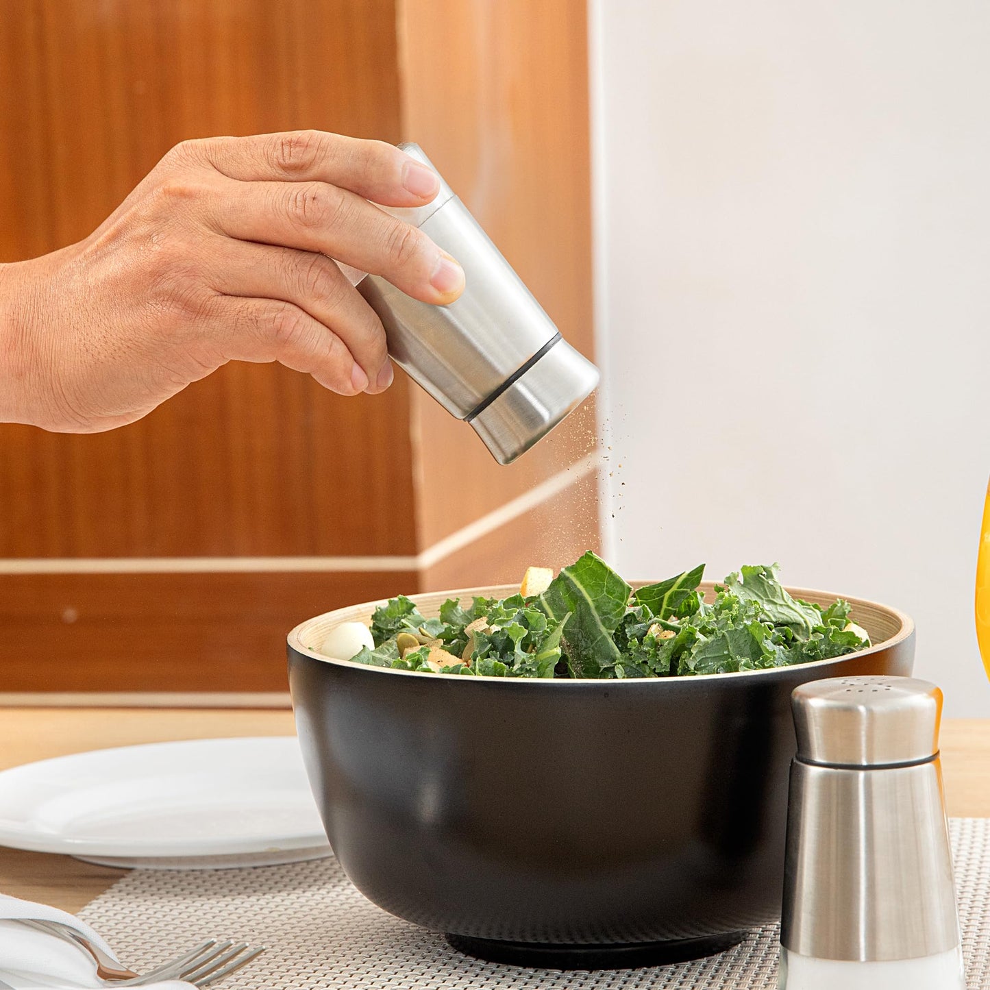 Restaurantware-Met Lux 2 Ounce Salt And Pepper Dispensers, 1 Refillable Salt And Pepper Shaker Set - "S" And "P" Pour Holes, Clear Glass Bottom, Stainless Steel Spice Dispensers, With Screwable Lid