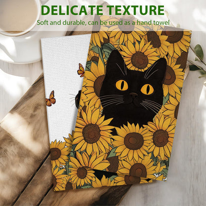 PIUFAM Black Cat Kitchen Towels, Cat Lover Gifts for Women, Floral Hand Towels for Bathroom, Decorations for Home Birthday Party, Waffle Dish Towels Gifts for Christmas Thanksgiving 26x17in, 2 Pack