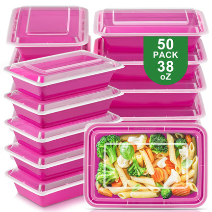 NUTTUTO 50 Pack Meal Prep Containers with Lids 38oz - BPA-Free, Reusable, Leakproof Food Storage Containers - Microwave/Dishwasher/Freezer Safe, To Go Take Out Plastic Food Storage Pans(Red)