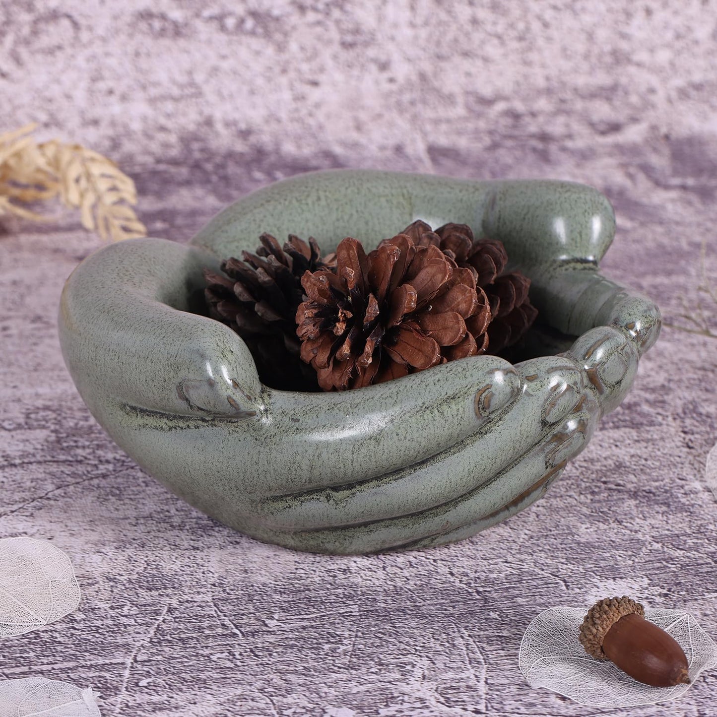 orenm Ceramic Hands Bowl Dish Sculpture, Offering Hands Dish Candy Holder,for Succulent Planter, Crystal Rock Holder, Office, Keys Bowl for Entryway Table（Green ）
