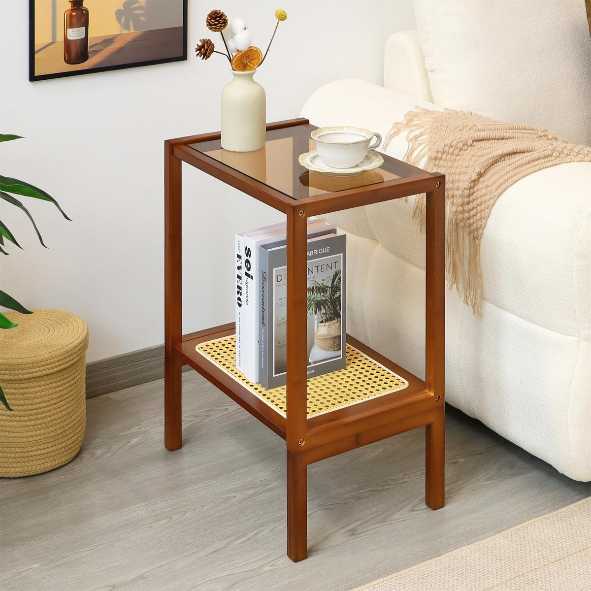 Mordchil HF 2-Tier Bamboo Side Table, Modern Glasstop Rattan Side Table, Mid Century Wood Sofa-Side End Tables for Living Room, Bedroom Night Stand with Storage, Small Narrow Coffee Tables, Walnut