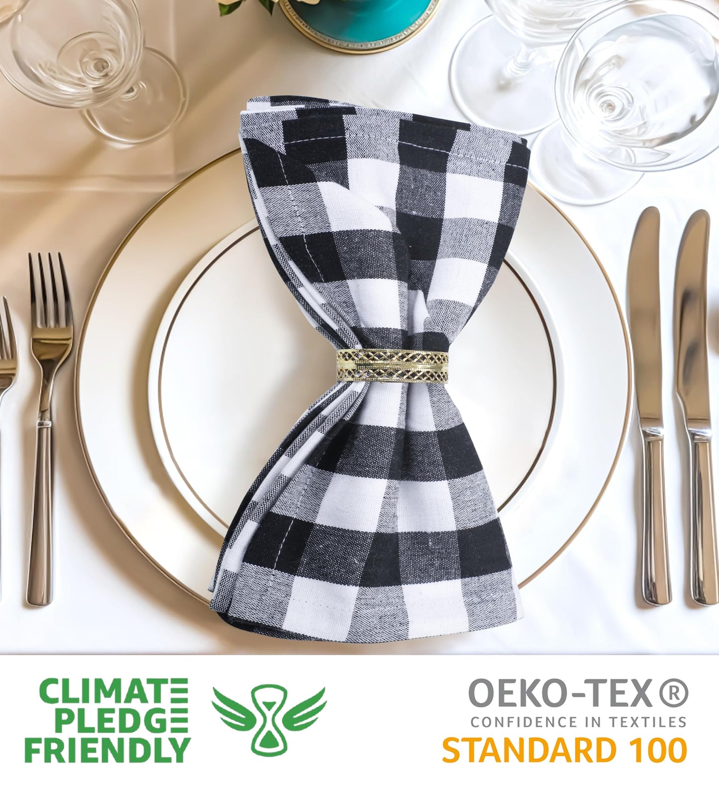 Urban Villa Cloth Napkins 100% Cotton Dinner Napkins Highly Absorbent 20x20 Inches (Set of 12) Black White Buffalo Checks Reusable Washable Soft Durable Premium Napkins Ideal for Home Wedding Parties