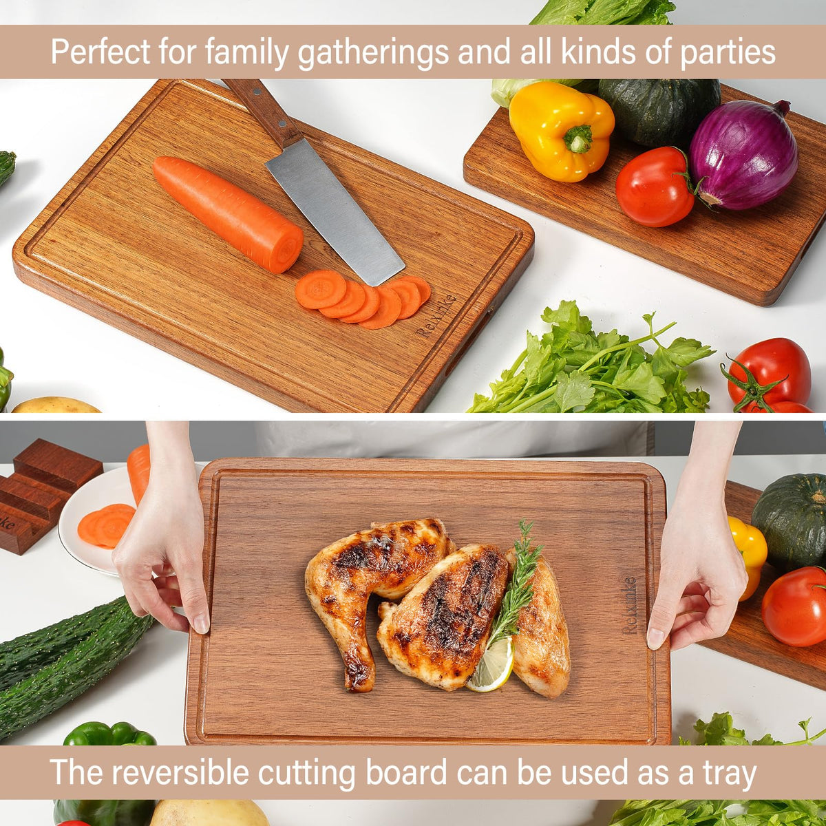Relxinke Solid Teak Wood Cutting Board One Piece Non Glued Thick Crack Resistant Wooden Chopping Board with DeepJuice Grooves Built in Handles for Kitchen Meat Vegetable 12x8 IN