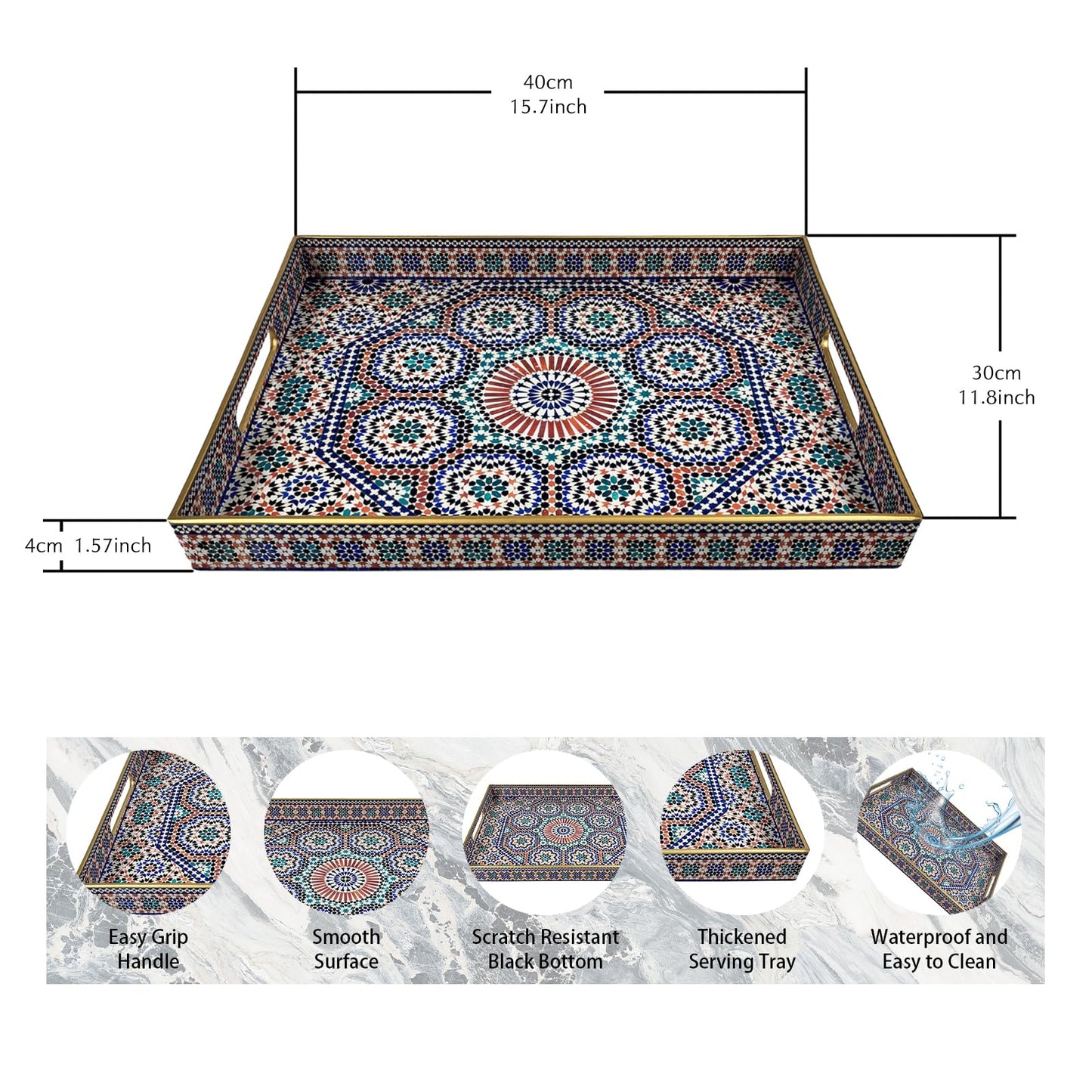 Plastic Coffee Trays,Serving Tray,Bohemian Blue Tray,15.7" L x 11.8" W x 1.57" H,Lightweight and Non-Slip with Handles,Perfect for Restaurants,Cafés,and Home Use(Rectangle Bohemian Blue)