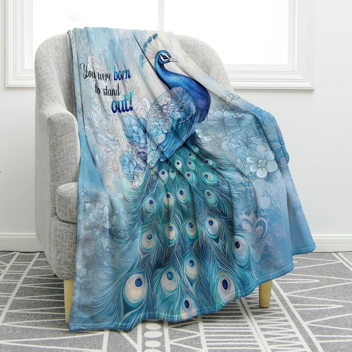 Jekeno Peacock and Floral Throw Blanket Gifts for Adult Kids, Inspirational Peacock Gifts for Women Men, You were Born to Stand Out - Peacocks Themed Decor for Home Bed Couch 50"X60"