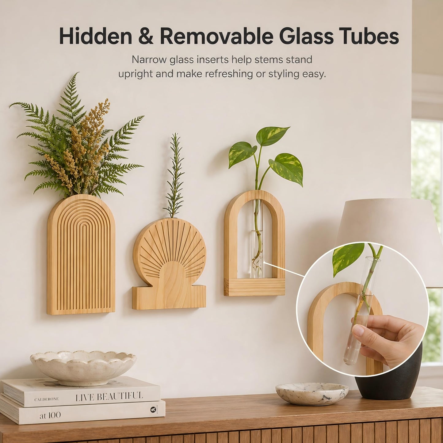 TBWIND Wooden Wall Vases for Flowers Set of 3, Propagation Planter with 2 Glass Tubes, Modern Farmhouse Hanging Wood Decor for Living Room, Entryway (Natural)
