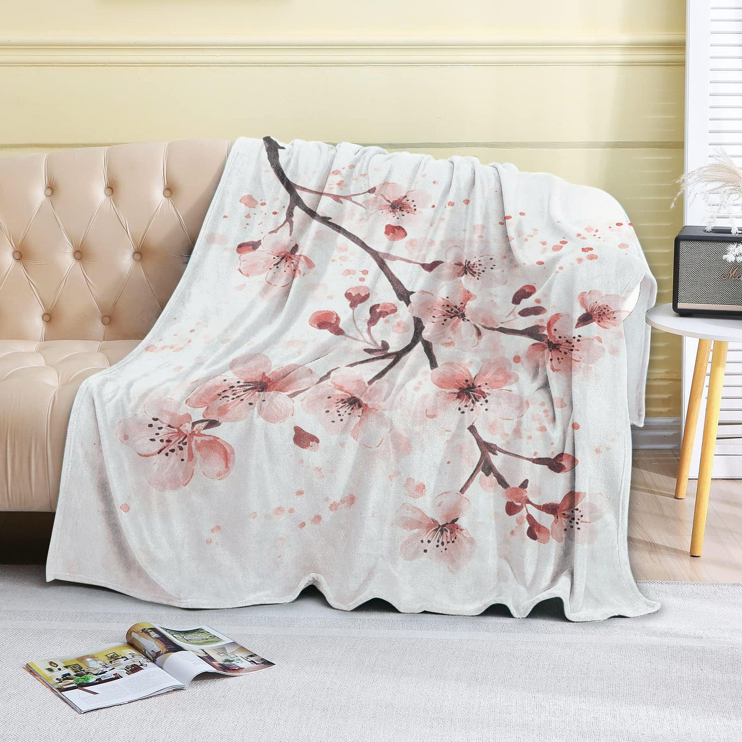 coedoaes Cherry Blossom Fleece Blanket - 50x60in Elegant Pink Flower Floral Branches Throw Blankets,Soft Cozy Lightweight, Ideal for Living Room Home Nature Decor and Kids Women Girls Spring Gifts