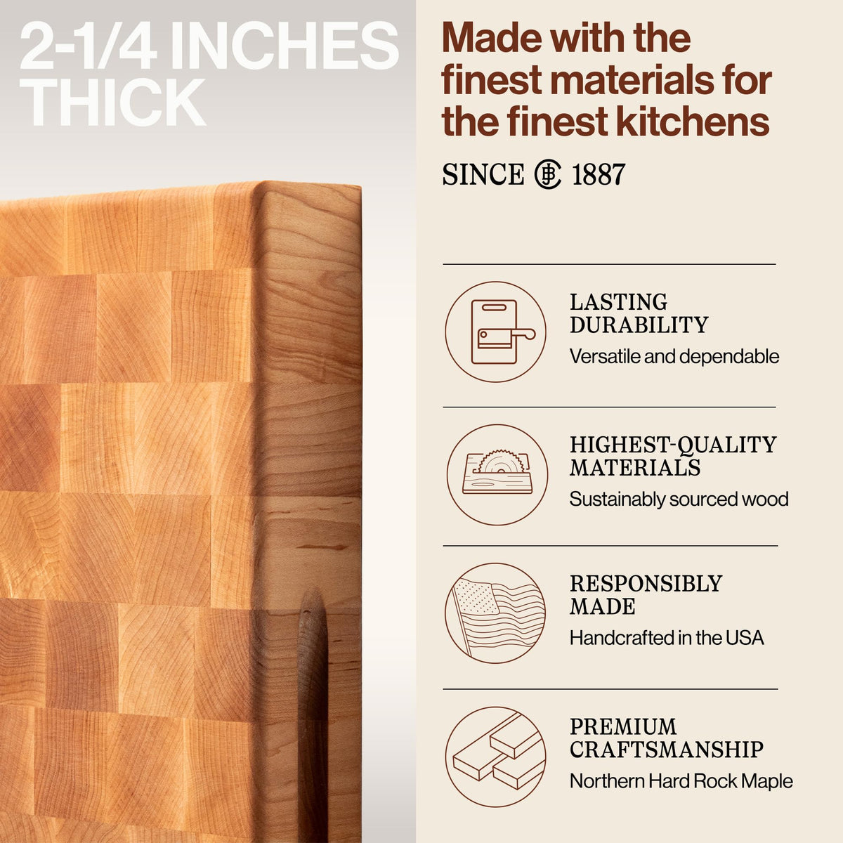 John Boos CCB Series Rectangular Wooden Maple Cutting Board 24”x18” – 2.25” Thick, 30-lb Reversible Butcher Block with End-Grain & Finger Grips – Made in the USA