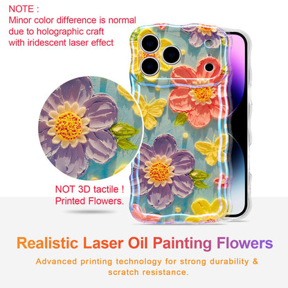 EYZUTAK Case for iPhone 17 Pro, Colorful Retro Oil Painting Flower Laser Glossy Pattern Cute Curly Wave Edge Exquisite Phone Cover Stylish Durable TPU Protective Case for Women - Butterfly Flower
