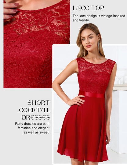 BeryLove Women's Short Homecoming Dresses for Teens Sleeveless Flowy A Line Wedding Guest Lace Cocktail Prom Formal Dress 05 B-Red L