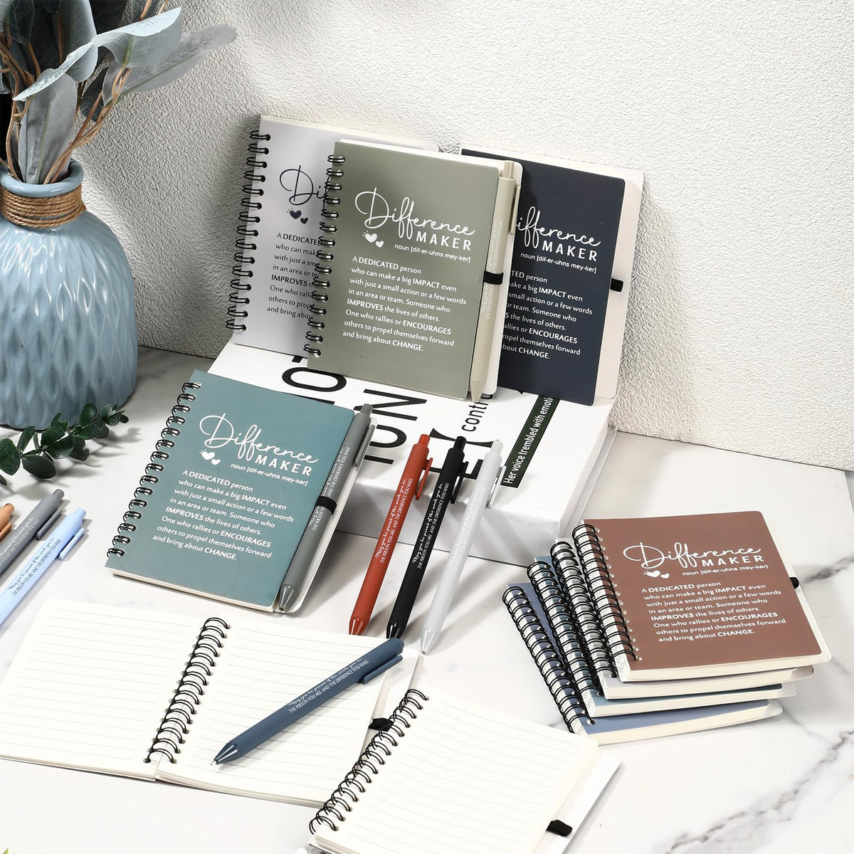 Resurhang 20 Sets Difference Maker Employee Appreciation Gifts Bulk Inspirational A6 Spiral Notebooks Journal with Ballpoint Pens for Social Worker Volunteer Coworker Staff Team Gifts (Neutral Colors)