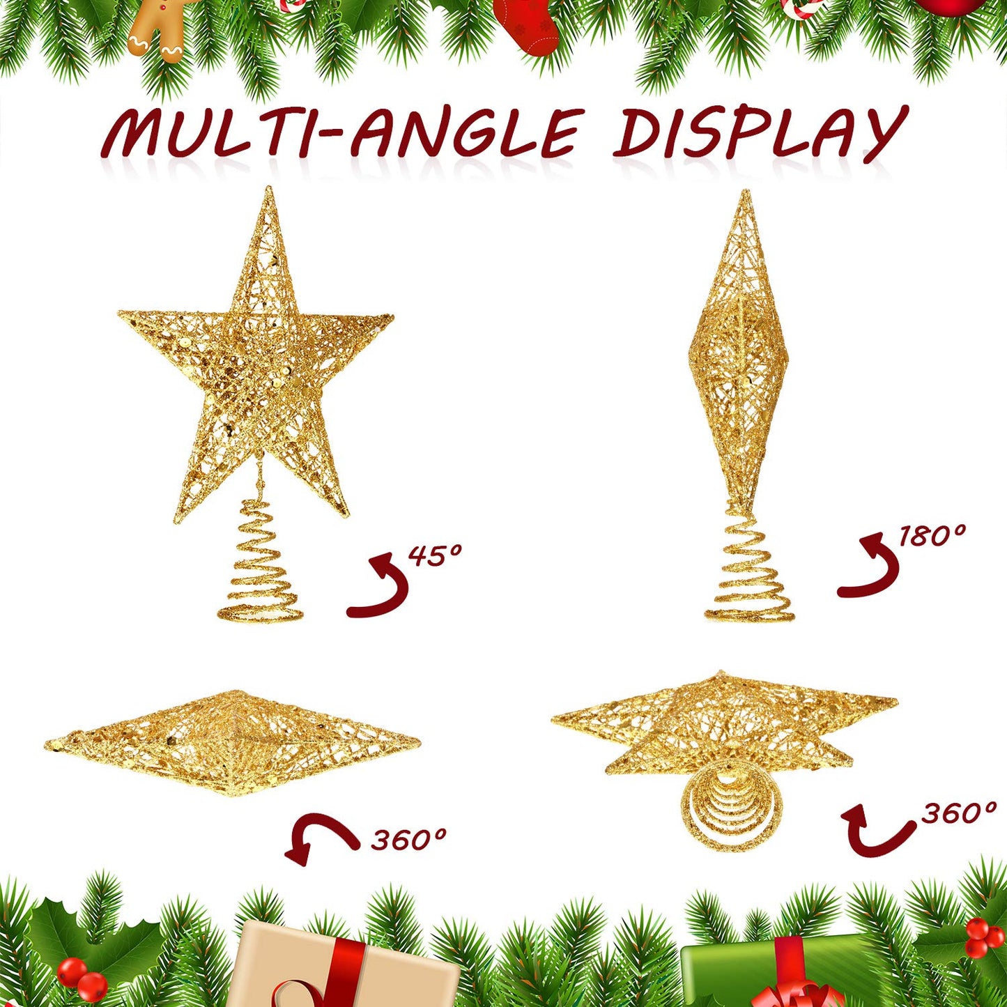 Blulu 10 Inches Gold Christmas Star Topper Xmas Tree Topper Glitter Treetop Star for Christmas