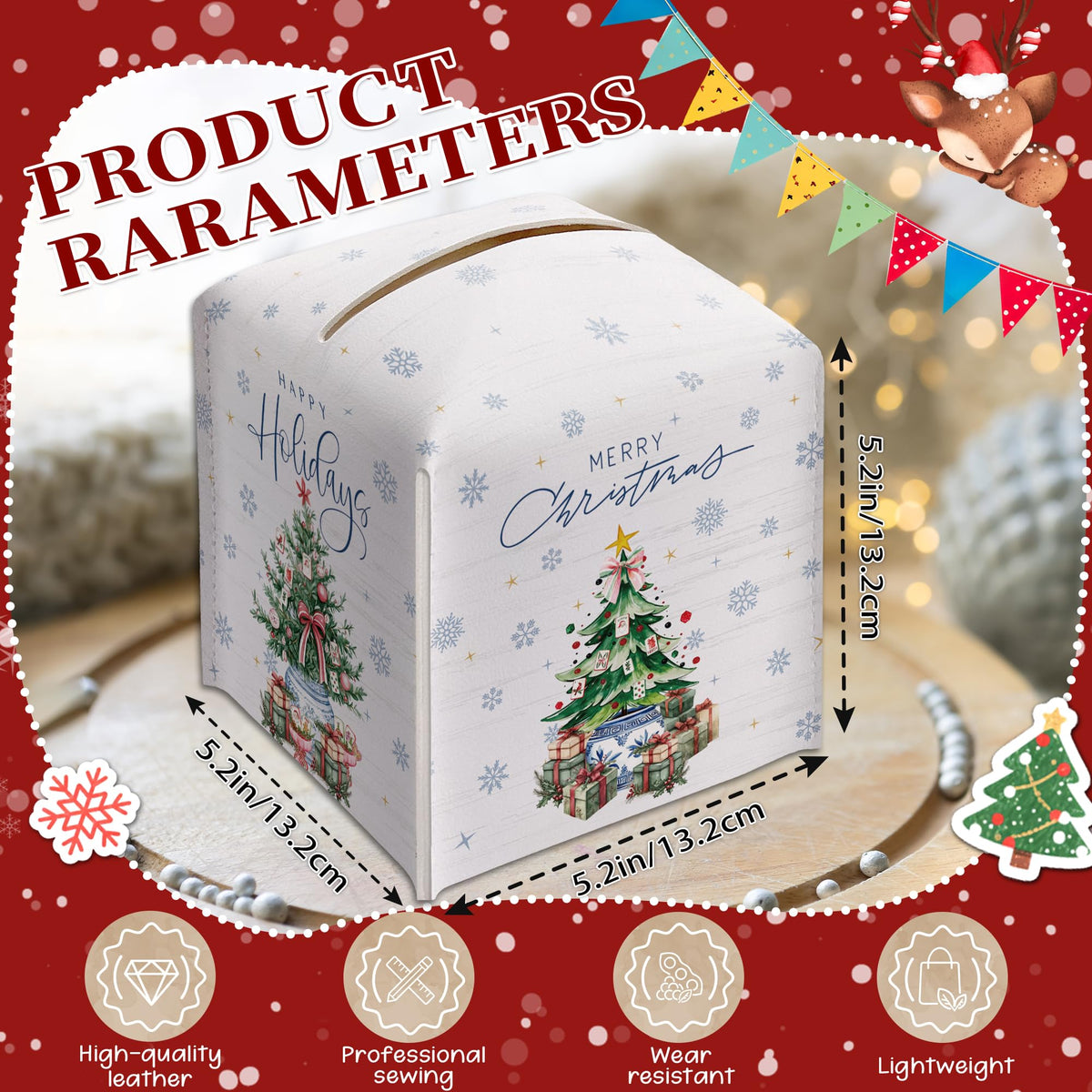 Christmas Tissue Box Cover Square, Snowflake Christmas Tree Decorative Tissue Box Holder, Waterproof Leather Tissues Boxes Dispenser for Bathroom, Office, Car, Bedroom Nightstand, Home Decor