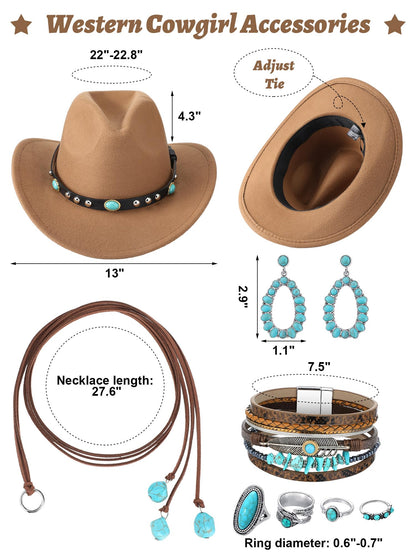 Suhine 9 Pack Western Outfits for Women Cowgirl Fringe Vest Boho Cowboy Hat Turquoise Jewelry Kit for Halloween Costume(Small,Khaki)