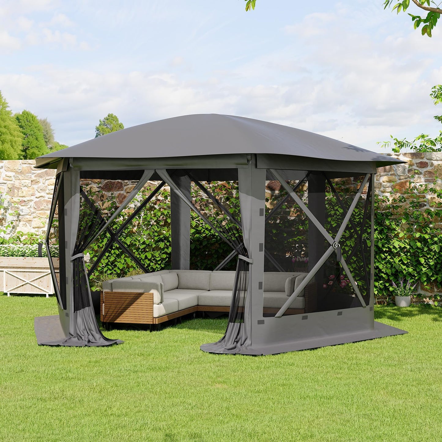 GarveeLife 11.5x11.5FT 6-Sided Pop Up Gazebo Tent，One-Push Setup Canopy Tent with Mesh Panels & Removable Wind Cloths, Outdoor shelter for Camping, Backyard Parties, Outdoor Events - Grey