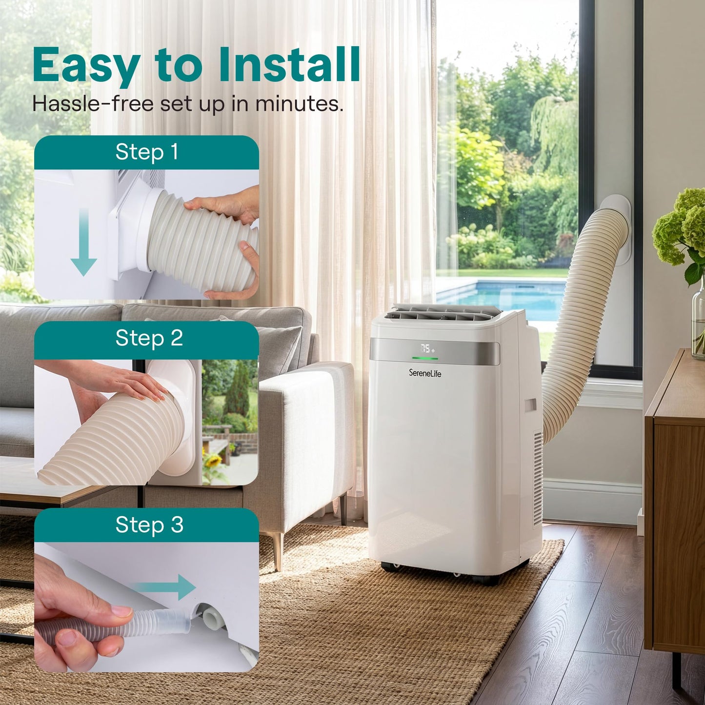 SereneLife Portable AC Unit and Heater, Adjustable Temperature with 12,000 BTU Cooling & Heating, Smart Wi-Fi Control, Dehumidifier & Fan Modes, Portable AC Units for Rooms with Window Mount Kit White