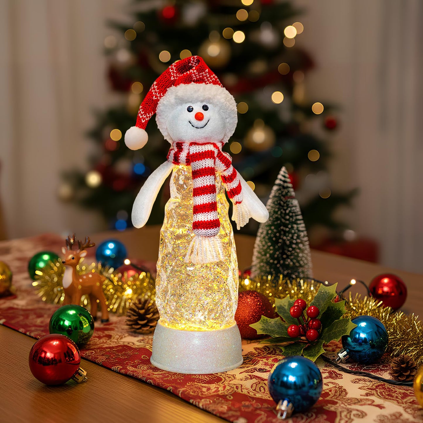Christmas Snowman Snow Globes Lantern Musical Lighted Water Lantern Snow Globe Swirling Glitter Snowglobes with 6H Timer USB Operated Snowglobe Christmas Decoration for Home & Gift- Red Hat