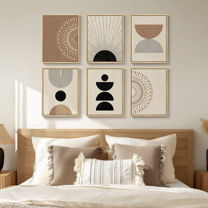 6 Piece Framed Boho Neutral Wall Art Set, Modern Abstract Geometric Canvas Painting Prints, Brown Black and Beige Minimalist Picture Artworks for Living Room Dining Room Bedroom 11x14 Inch