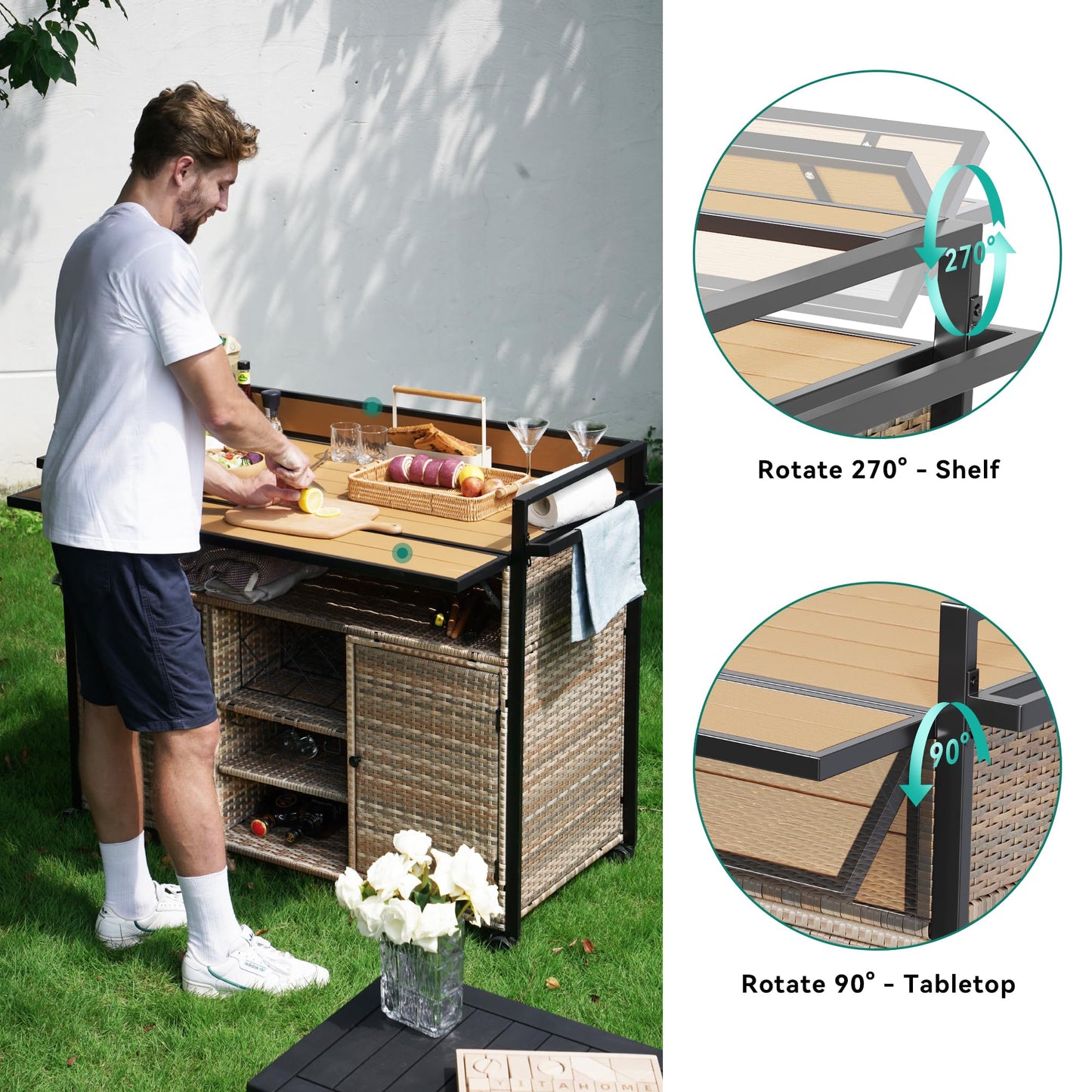 YITAHOME XL Outdoor Kitchen Wicker Island Rolling Cart Bar Table & Storage Cabinet, Wheels and Plastic Wood Extended Table Top, Double Handle for Patio Kitchen or Bar Cart,Light Yellow Gradient