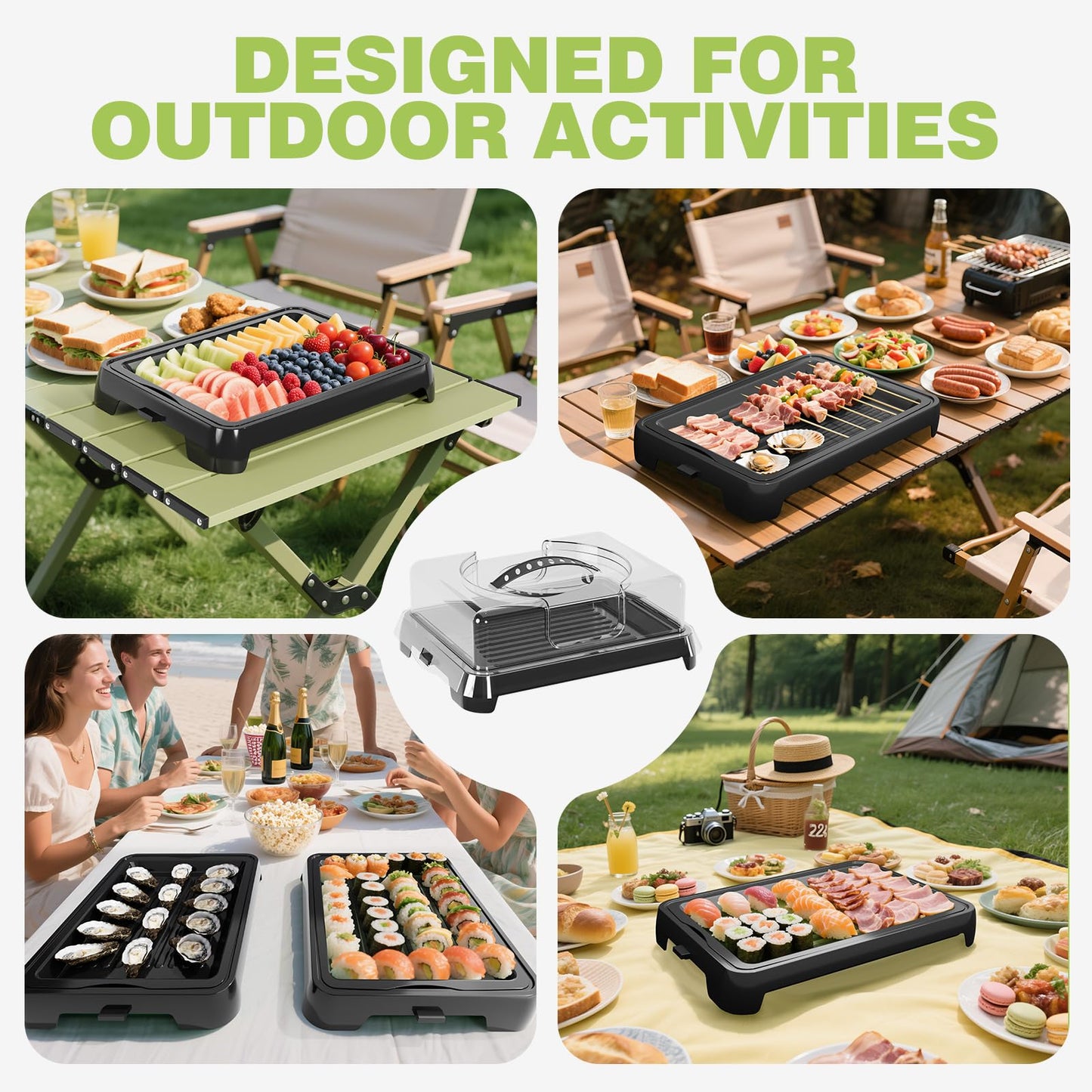 Chilled Portable Serving Tray Platterbox with Reusable Ice Pack with Lid Shrimp Cocktail Serving Dish Platter Cold Food Buffet Server for Appetizer Veggie Fruit Food Parties Outdoor Picnic, Black
