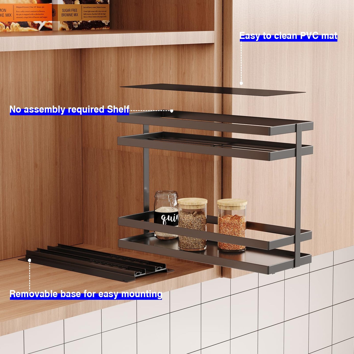 Mustorn 2 Pack Pull Out Spice Rack Organizer for Cabinet, 2 Tier Metal Slide Out Seasoning Organizer and Storage Heavy Duty Vertical Spice Rack Shelf Pullout for Kitchen Cabinets No Drilling (Black)