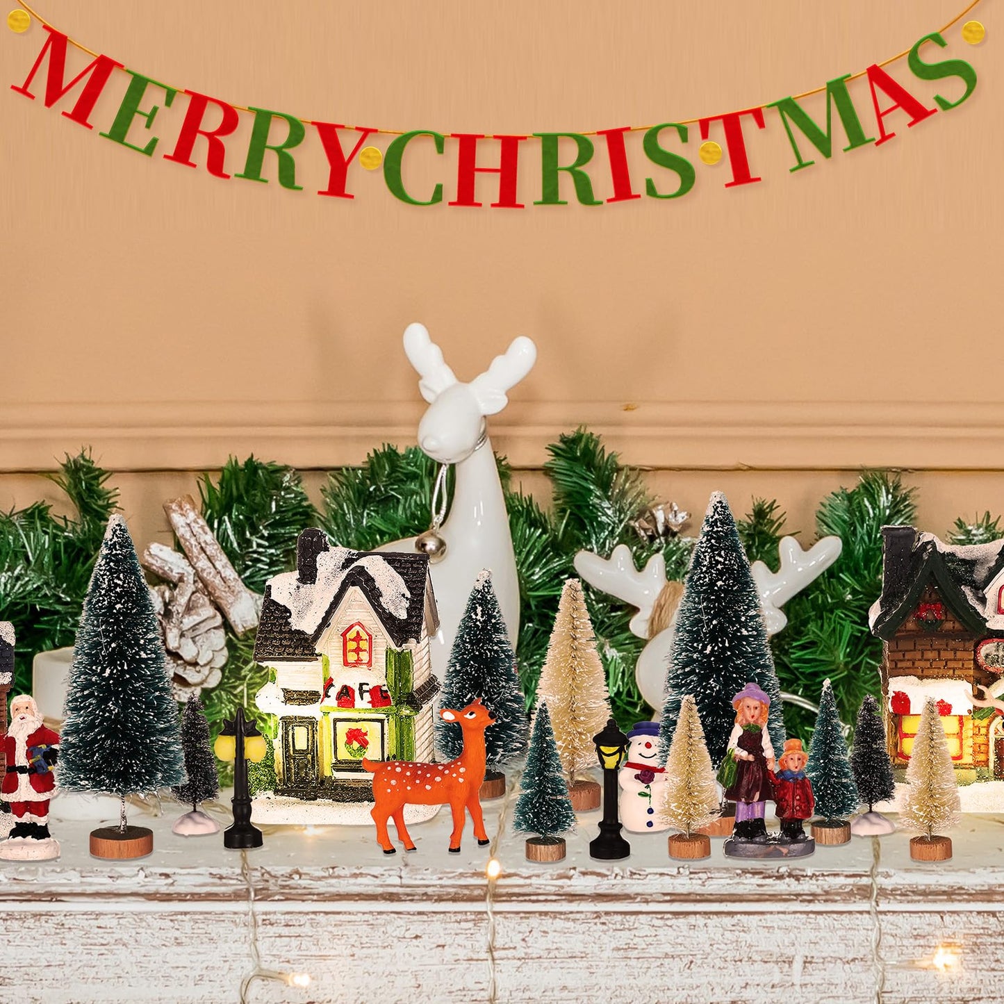Gerrii 31 Pcs Christmas Village Figurines Decoration Set Lighted LED Christmas Village Houses with Figurines Snow Blanket Roll for Xmas Town Scene Desk Battery Operated Landscape Decor(Santa)