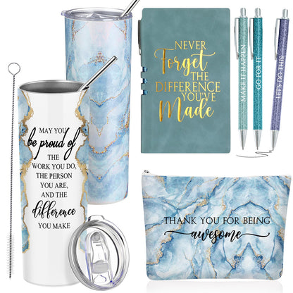 Domensi 6 Pcs Employee Appreciation Gift Set for Women Female Thank You Gift May You Be Proud 20 oz Rustic Marble Sign Tumbler Makeup Bag Journal for Nurse Lady Work Business(Blue)