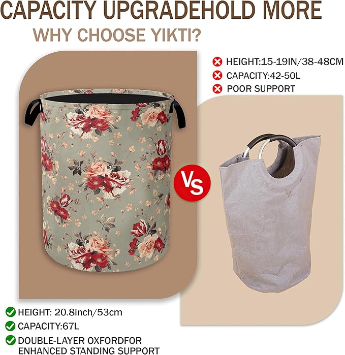 Red Rose Flowers Laundry Hamper, Vintage Floral Clothes Hamper