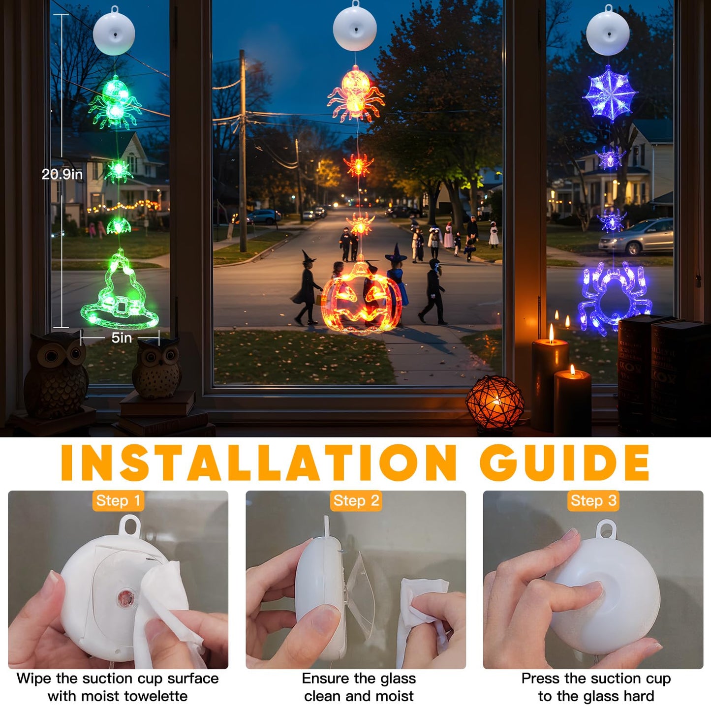 suddus 3 Pack Halloween Lights Battery Operated with Timer, Orange Pumpkin Violet Spider Green Witch Hat Halloween Window Lights with Suction Cup for Home Indoor Party Decor