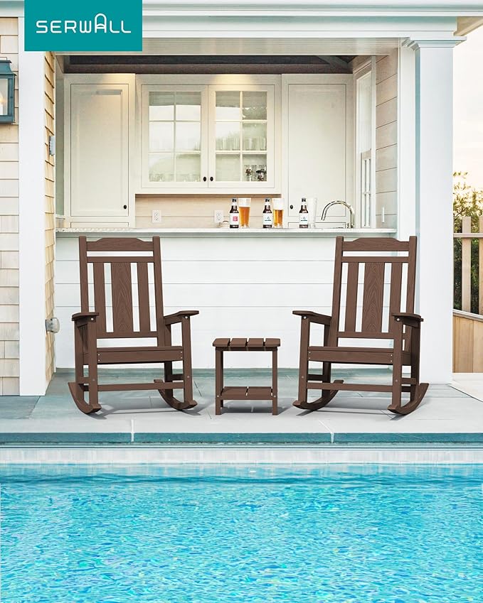 SERWALL Oversized Rocking Chair Set of 4 Outdoor, HDPE Outdoor Rocking Chair Set of 4, Coffee