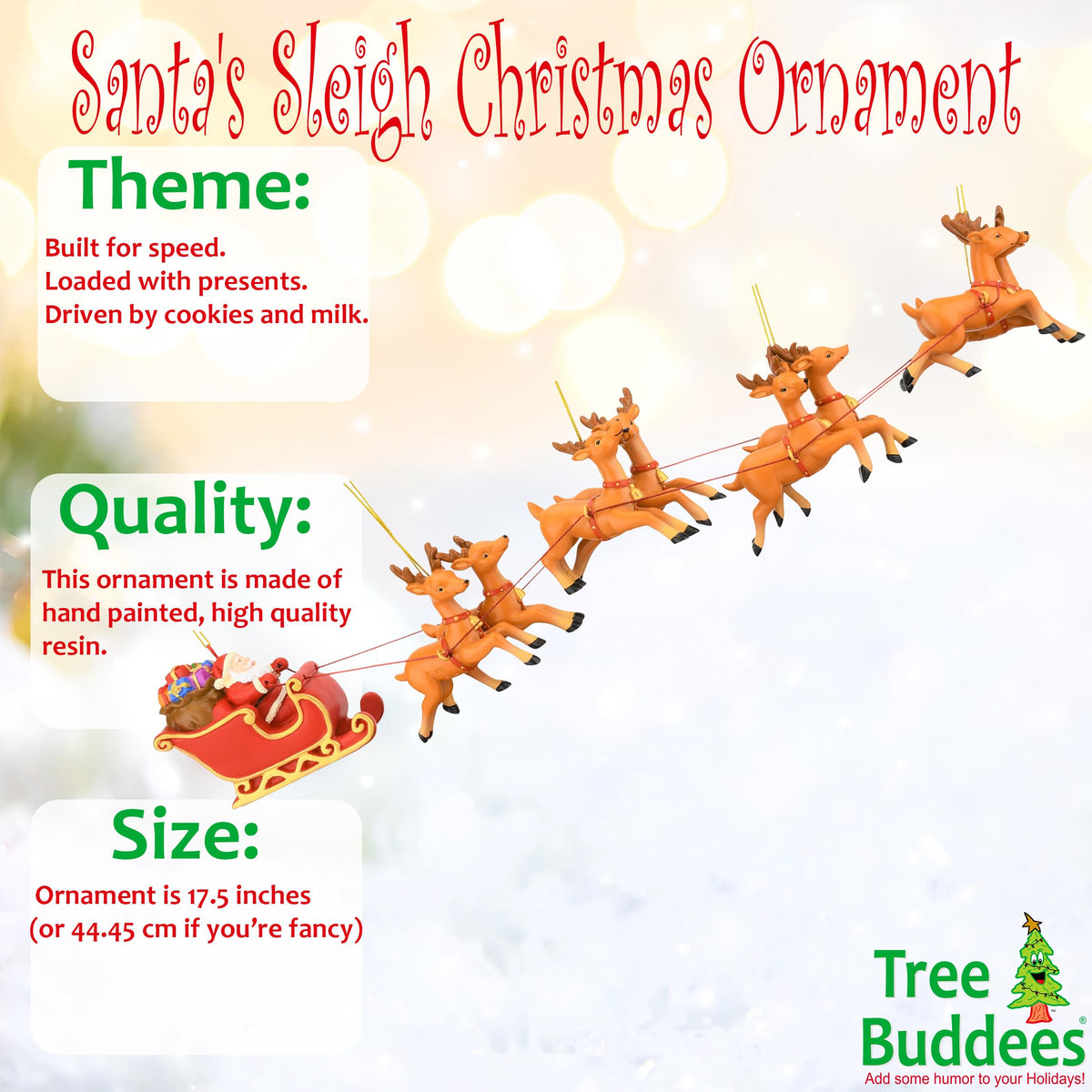 Tree Buddees Large 5 Piece Hand Painted Full Santa's Sleigh and 8 Reindeer Christmas Ornaments Set - 17.5 Inches Long