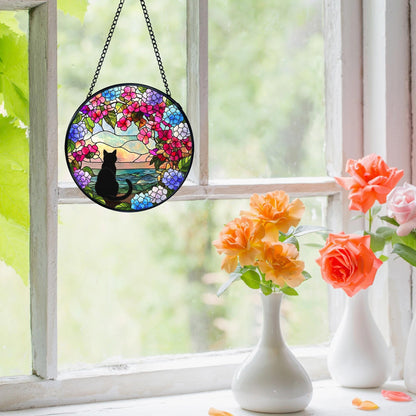 FUGWN Black Cat Hydrangea Flower Stained Glass Window Hanging, Black Cat Sun Catchers Indoor Window Round Glass Wall Art Decor, Cats Floral Suncatcher Wall Hanging Decorations, Lawn Care