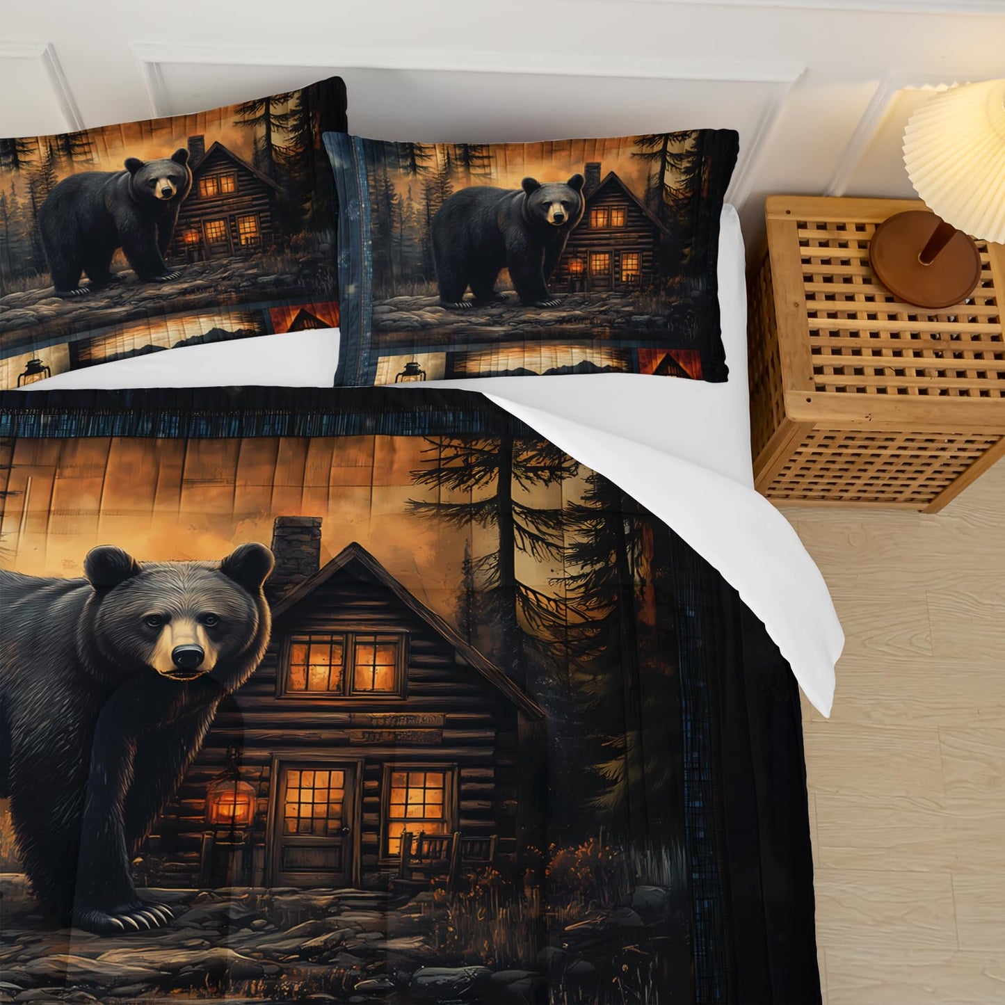 lneffble Black Bear Comforter Set Twin Size for Boys Kids,Rustic Theme Woodland Cabin Lodge Bear Hunting Bedding Set,Soft Microfiber Wildlife Forest Animals Print Quilt Set